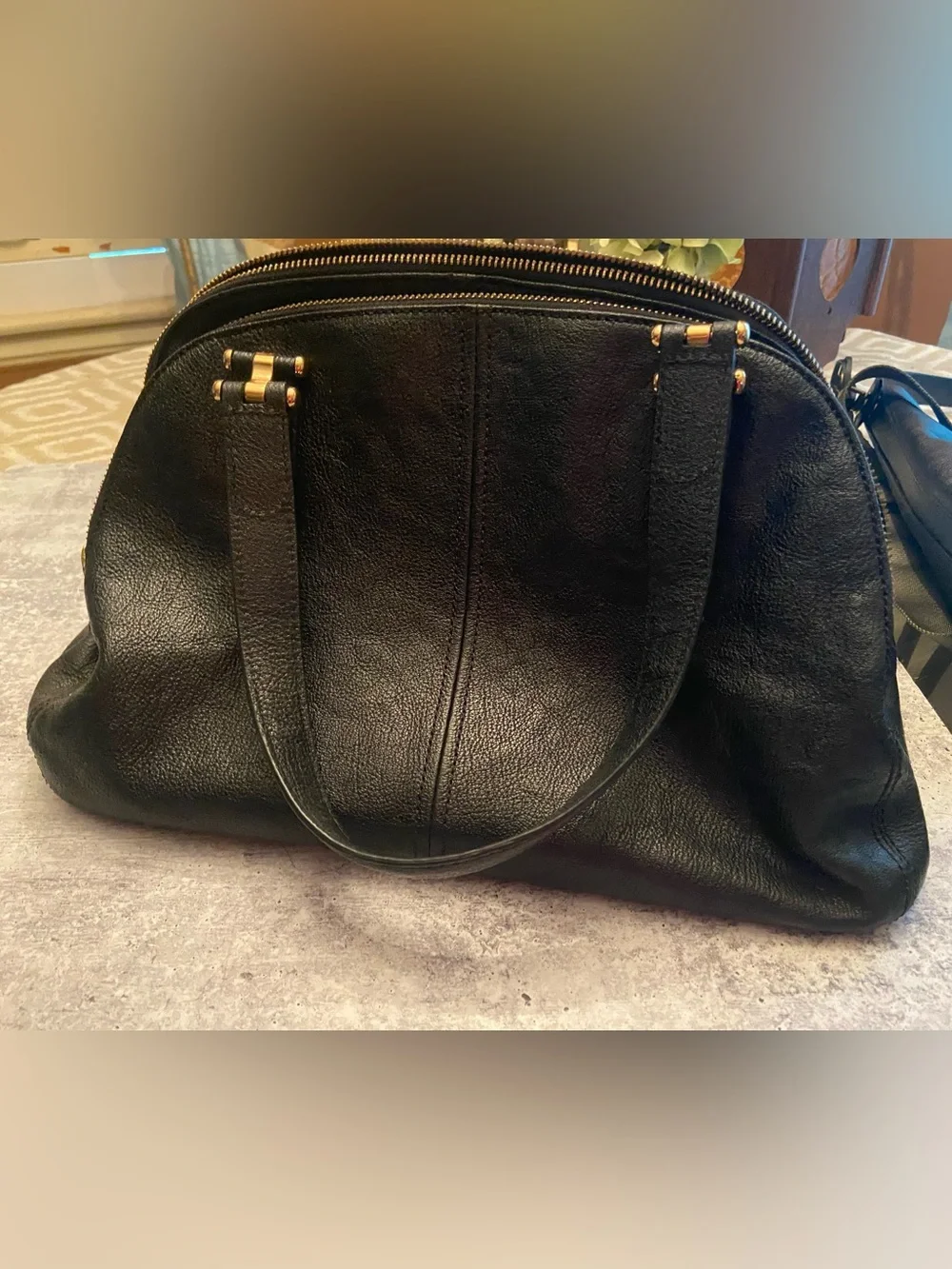Lauren Ralph Lauren Black Leather Triple Pocket Dome Satchel